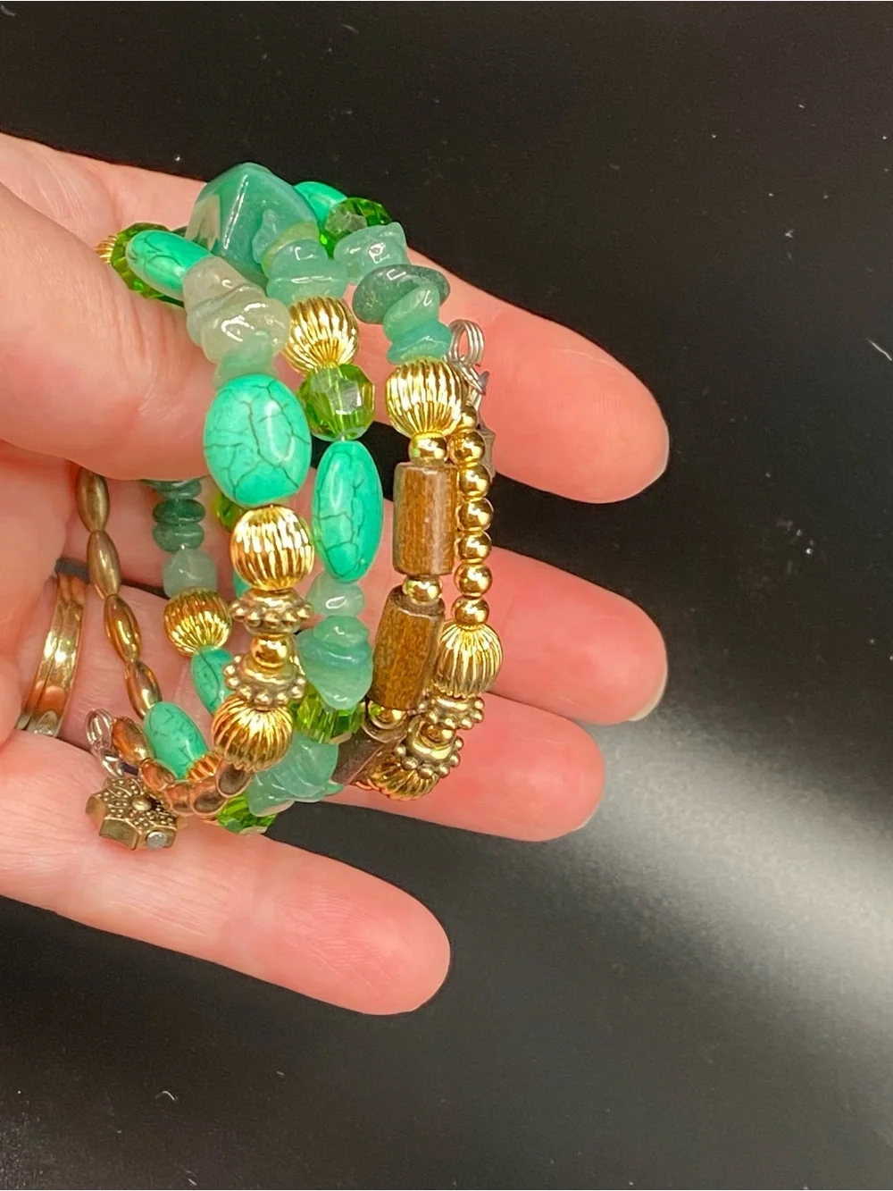 Boho multi strand Green Gold tone & wood Beaded Stretch Bracelet